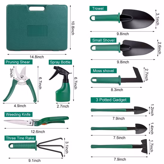 Gartenwerkzeug-Set für Kinder, 10-teilig, Handwerkzeug mit Kelle, Gartenschere, Rechen, Schaufel, Grasschere, Sprühflasche mit Aufbewahrungskoffer