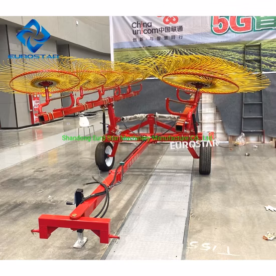 8 Scheiben, 5,5 m Breite, Traktor-Traktion, rotierender Heurechen für an der Fingerplatte montierter Heuwender, Rechen, landwirtschaftliches Gerät, Grassammelmaschine, Landmaschinenrad